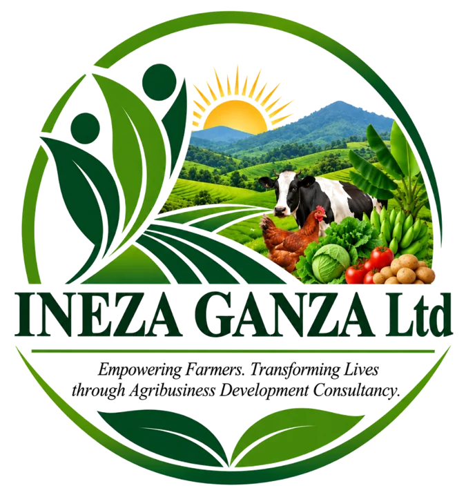 INEZA GANZA Ltd logo: farmers, crops, livestock and green hills under a rising sun